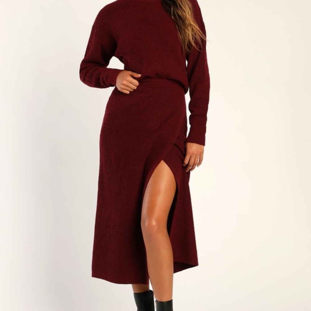 Autumn Sweetheart Burgundy Waffle Knit Two-Piece Sweater Dress